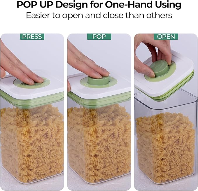 linoroso Set of 4 Pop Airtight Food Storage Containers with Date Recording Lids, Stackable Plastic Kitchen Storage Containers, Dry Cereal Container Set for Pantry Countertop Fridge Organization