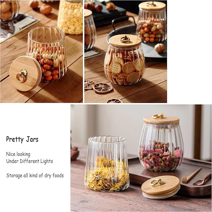 FANTESTICRYAN Glass Coffee Nuts Canister Airtight Storage Jar Petal Decorative Container with Bamboo Lid Metal Handle Easy to Grasp 700ml, 23 FL OZ