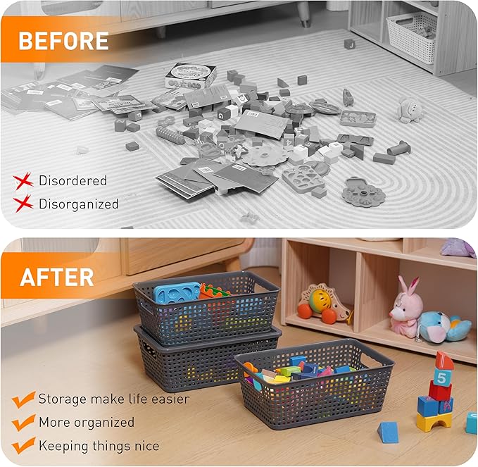 Plastic Storage Baskets With Lid, Storage Bins for Organizing, Stackable Decorative Containers for Shelves Drawers Desktop Closet Playroom Classroom Office,10 Pack-Grey