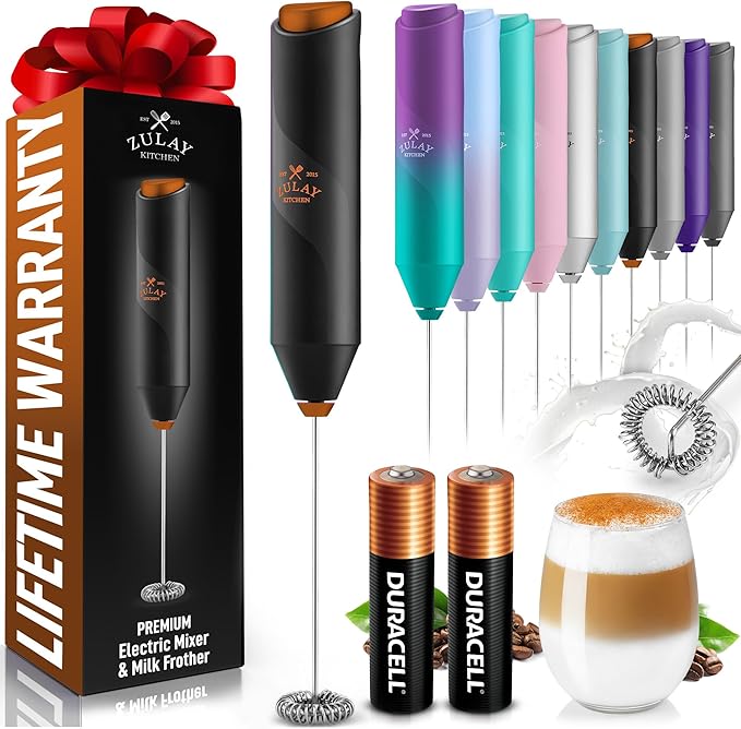 Zulay Kitchen Milk Frother Handheld with 2 Duracell AA Batteries – Electric Drink Mixer for Coffee, Lattes, Cappuccinos, Matcha & Hot Chocolate – Portable Foam Maker & Coffee Bar Accessory