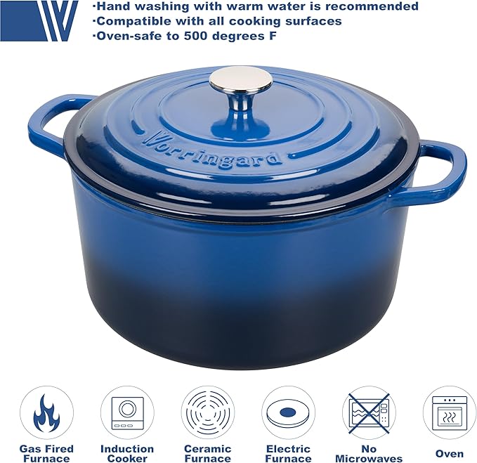 Enameled Cast Iron Dutch Oven Pot with Lid, for Sourdough Bread Baking, Round Dutch Ovens, 6 Quart, Blue
