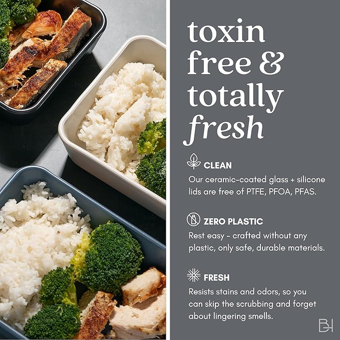 Ceramic Coated Glass Food Storage Container | No PTFE, PFOA, PFAS, and BPA | Reusable Non Toxic Meal Prep Container with Glass Lid | Easy To Store | 5 Cup Square [Crema]
