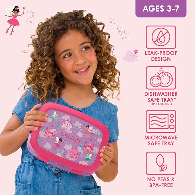 Bentgo Kids Prints Leak-Proof, 5-Compartment Bento-Style Kids Lunch Box - Ideal Portion Sizes for Ages 3-7, Durable, Drop-Proof, Dishwasher Safe, & PFAS & BPA-Free Materials (Fairies)
