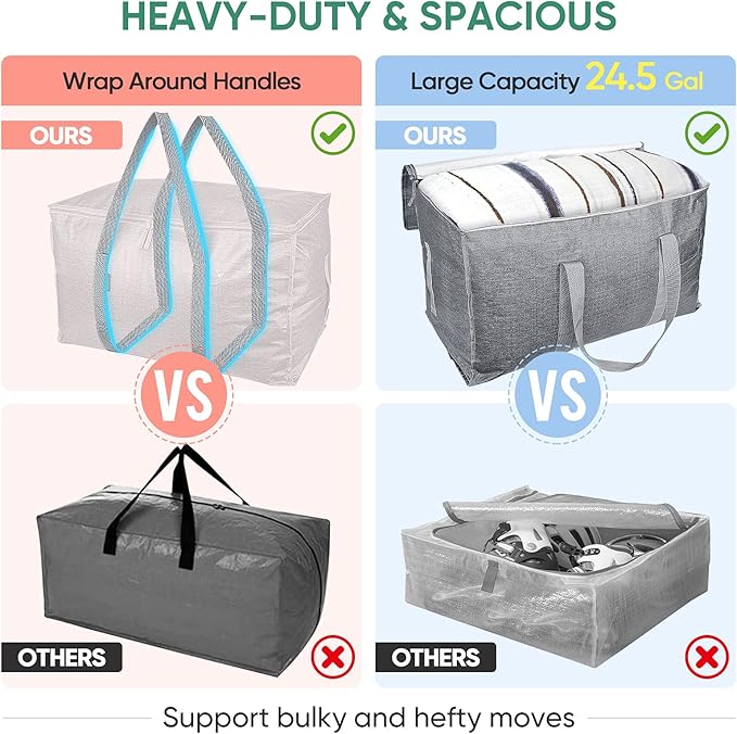 BALEINE 4-Pack Oversized Moving Bags with Reinforced Handles, Heavy-Duty Storage Tote for Clothes, Moving Supplies (Winter Grey, 4-Pack)