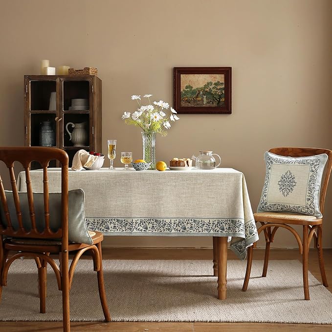 ISAENNE Designer Vintage Linen Elegant Long Tablecloth Rectangle,Chinoiserie Floral Table Cloth,Anti-Wrinkle Decor Table Cover for Dining Thanksgiving Kitchen Christmas,63"*94"-Segerman B