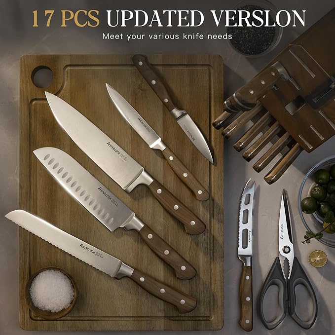 Knife Set, Astercook 17-Pieces Forged Kitchen Knife Set with Block – Full-Tang Stainless Steel Knives, Forged Triple Rivet, Luxury Walnut Handles, Gift-Ready Collection