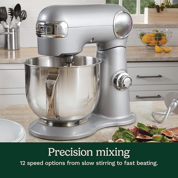 Cuisinart Stand Mixer, 12 Speeds, 5.5-Quart Mixing Bowl, Chef's Whisk, Flat Mixing Paddle, Dough Hook, and Splash Guard with Pour Spout, Silver Lining, SM-50BC, Silver Lining