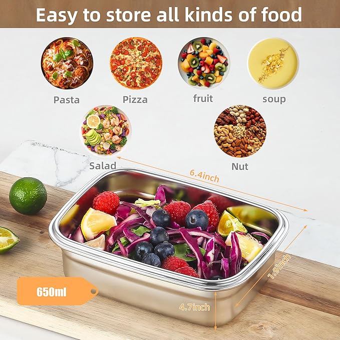 BEFOY 4PCS Stainless Steel Food Storage Container with Lids Bento Lunch Box Leak Proof & Airtight for Kitchen Meal Prep freezer Reusable & Stackable Oven Dishwasher Safe (650 * 4)