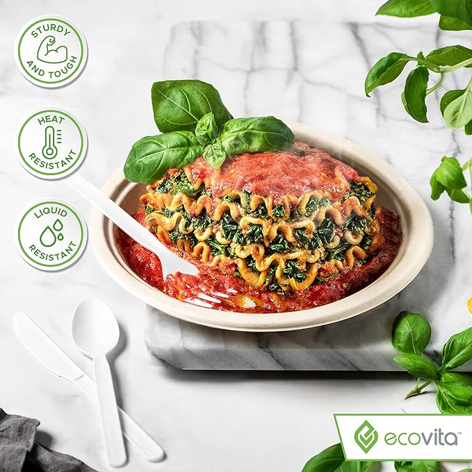 Ecovita 100% Compostable Knives - 140 Large Disposable Utensils (7 in.) Eco Friendly Durable and Heat Resistant Alternative to Plastic Knives with Convenient Tray
