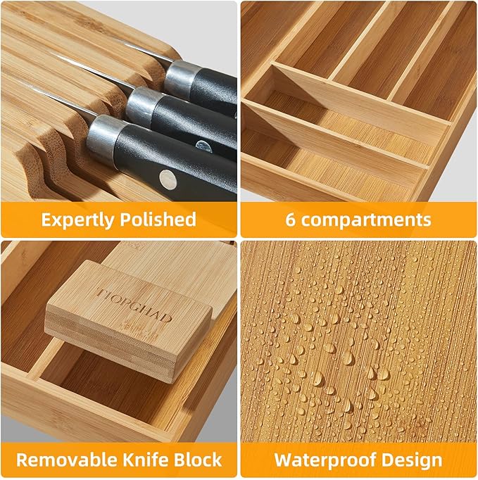 Small-Bamboo-Silverware-Drawer-Organizer, Expandable Utensil Kitchen Cutlery Tray Flatware Organization Adjustable Wood Tableware Dividers Storage (with Removable Knife Block)(Natural)