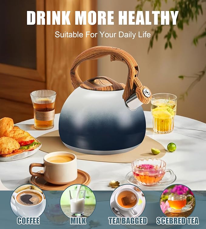 tea kettle stovetop, Loud Whistling kettle for Boiling Water Coffee or Milk, 3.2 Quart Heavy stainless steel tea kettle with Wood Pattern Handle, Gas Electric Applicable - Black & white