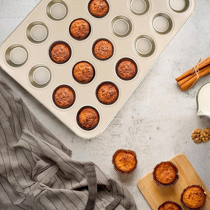 Beasea Mini Muffin Pan 24 Cups Nonstick, 1 Pack 24 Mini Small Cup Non Stick Muffin Baking Pan Tin Tray Carbon Steel Bakeware Individual Cupcake Baking Pan - Gold