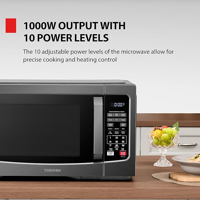 TOSHIBA EM131A5C-BS Countertop Microwave Ovens 1.2 Cu Ft, 12.4" Removable Turntable Smart Humidity Sensor 12 Auto Menus Mute Function ECO Mode Easy Clean Interior Black Color 1000W