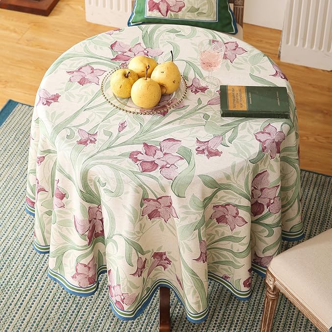 patdrea Designer Linen Small Green Roun Tablecloth,Violets Pattern Vintage French Tablecloths,Floral Decor Table Cover for Kitchen Dining Christmas,Thanksgiving,Tea Party,Diameter 55"-Tara a