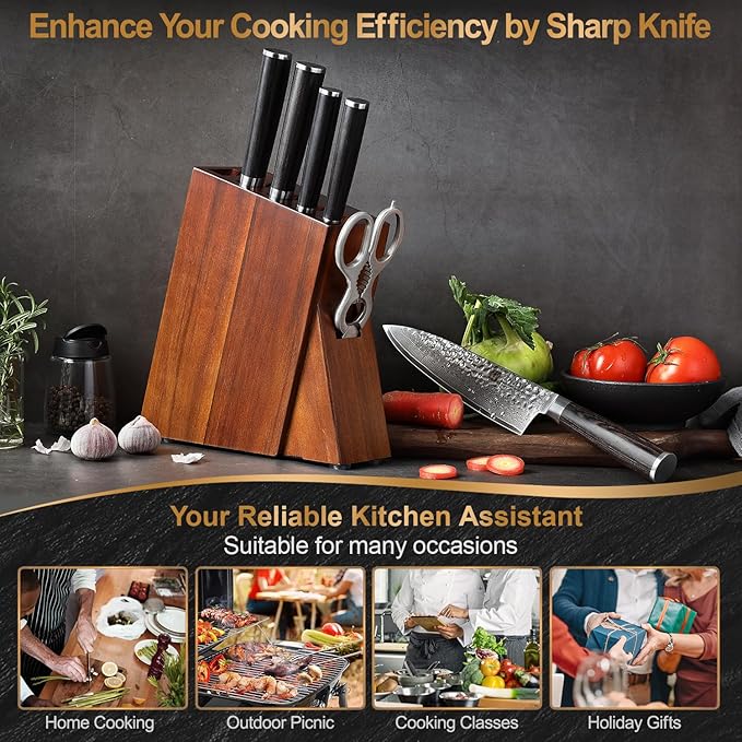XINZUO Damascus 7-Piece Kitchen Chef Knife Block Set,Professional Sharp Cutting Knife Set with Block,Pakkawood Handle,Chef Gift Box