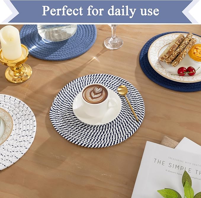 SHACOS 10 Inches Trivets for Hot Dishes, 4 Pieces Cotton Trivets Mats for Kitchen, Hot Pads for Countertops and Table, Heat-Resistant Pot Holders for Hot Pots and Pans(Blue, 4pcs)