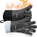 Kitchen Oven Gloves - Dual-Layer Heat Resistant Grilling Gloves, Silicone Oven Mitts with 5 Fingers, Waterproof Non-Slip Pot Holder for Barbecue, Cooking, Baking (Small, Black Long)