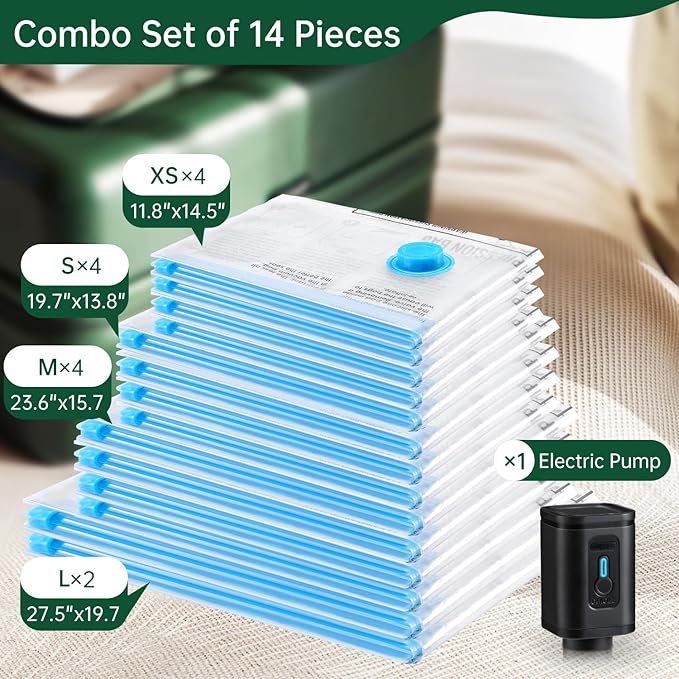 BRODI 14 Combo Pack Travel Vacuum Bags with Pump - Space Saver & Travel Essentials, Vacuum Seal Bags for Clothing and Luggage