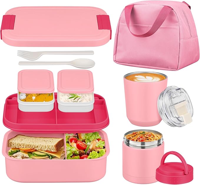 Large Bento Lunch Box Set for Adults Kids Women with 10.5oz Soup Thermo,Coffee Tumblers Men Girls Boys Teenagers Leak-Proof Lunch Food Containers with Lunch Bag