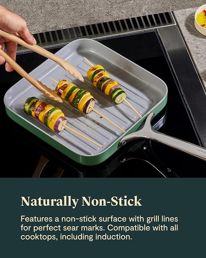 Caraway Square Grill Pan - 11” Grill Pan - Non-Stick Ceramic Coated - Non Toxic, PTFE & PFOA Free - Oven Safe & Compatible with All Stovetops - Black