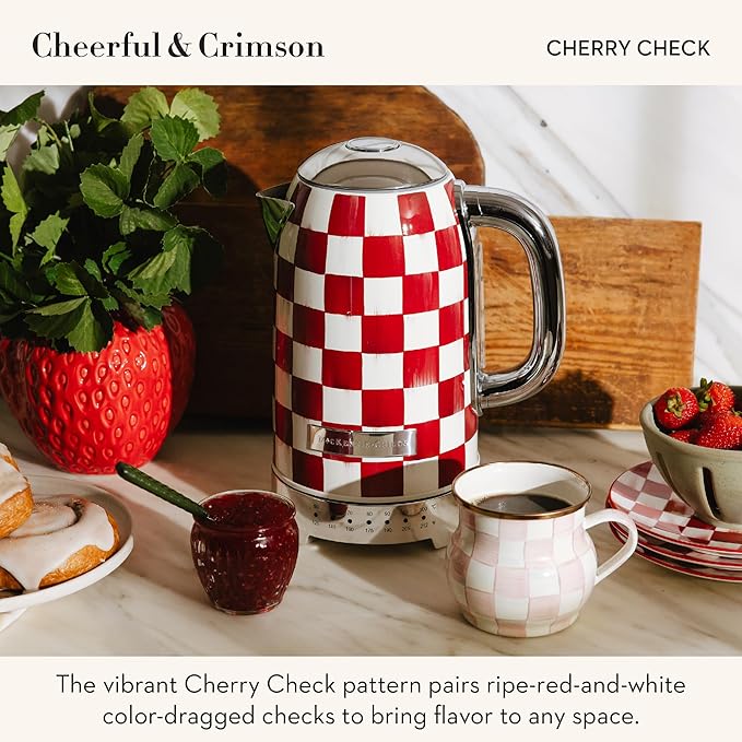 MACKENZIE-CHILDS Electric Kettle, Stainless-Steel Tea Kettle, Red-and-White Cherry Check