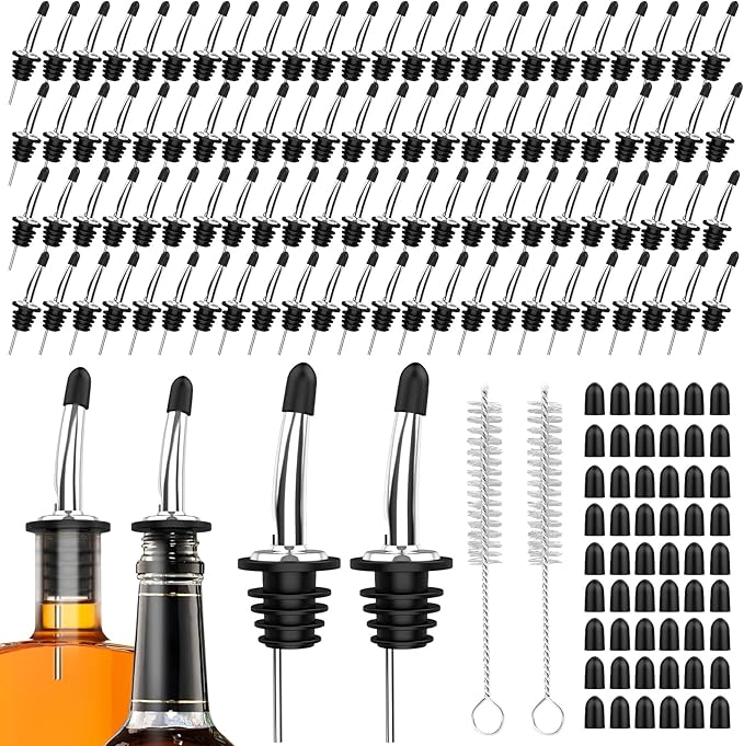 96-Pack Stainless Steel Pour Spouts for Liquor Bottles Oil Vinegar and Wine,Liquor Bottle Pourers with Rubber Dust Caps,Bar accessories,Pourers for Bartending