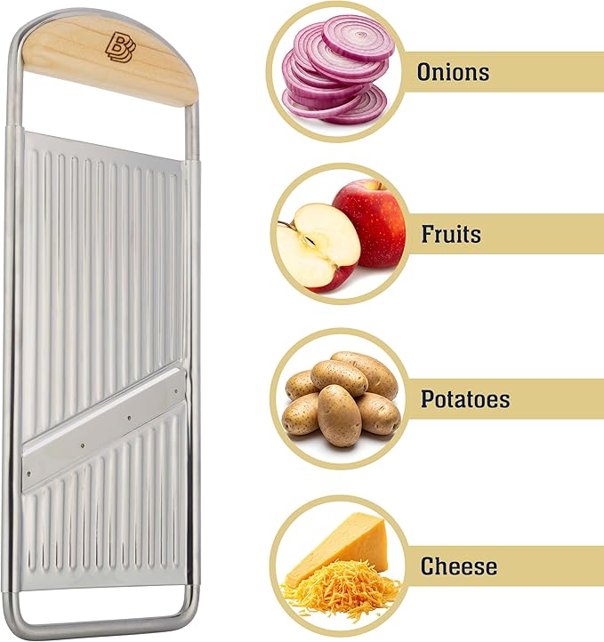 Handheld Mandoline Slicer for Kitchen - Stainless Steel Flat Mandolin with Cherrywood Handle - Julienne Cutter for Vegetable and Fruits - Italian Made Kitchen Gadgets by Kings County Tools