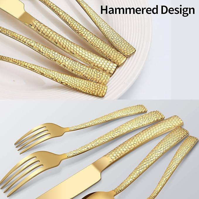 20-Piece Silverware Set, Gold Hammered Stainless Steel Flatware Sets for 4, Food-Grade Tableware Set, Including Fork Knife Spoon Set, Home Kitchen Cutlery Sets, Dishwasher Safe
