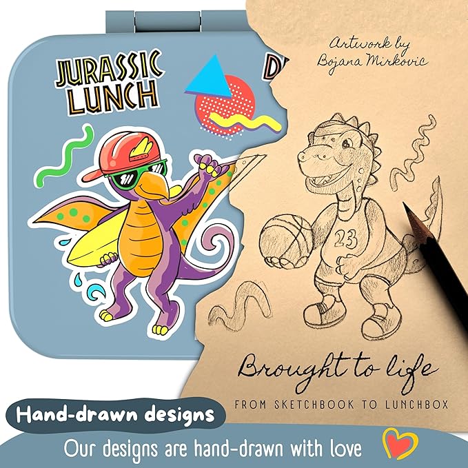 BEARFOOT Kids Lunch Box with Compartments – Compact & Lightweight | Leak-Proof, BPA-Free, Dishwasher & Microwave Safe | Hand-Drawn Design for Preschool, School, Travel (Dinos Blue, 4 Cups)