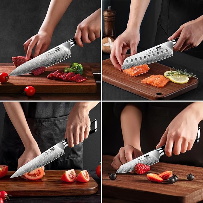 SHAN ZU Damascus Kitchen Knife Set, 7-Piece Professional Knife Sets for Chefs, Japanese 10Cr15CoMoV Super Steel With G10 Handle Knife Block Set, GYO Series