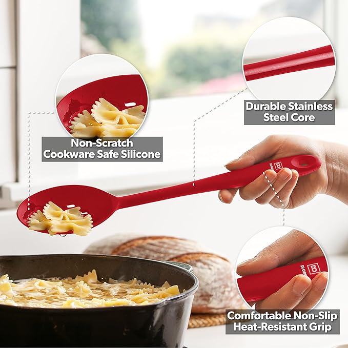 DIORO Silicone Mixing & Serving Spoons - Large Heat-Resistant Non Stick Utensils Big Solid & Slotted Basting & Stirring Spoons - Dishwasher Safe (2pc, Red)