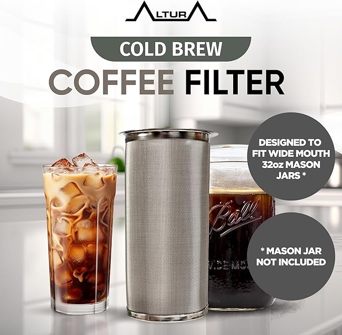 Altura The TUBE Cold Brew Coffee Maker and Tea Infuser for Wide Mouth Mason Jars - Stainless Steel Cold Brew Filter Strainer for Iced Coffee, Fruit Water & More - (32oz/1qt)