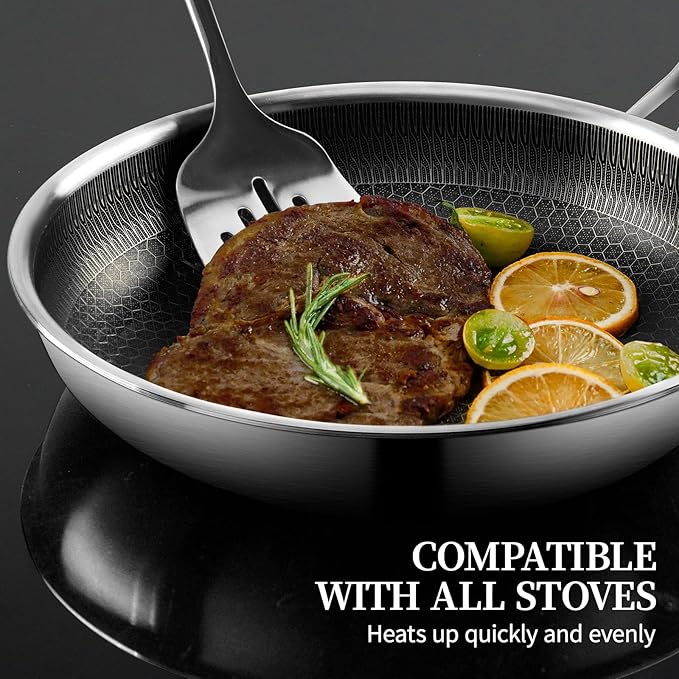Stainless Steel Frying Pan with Lid, 8 Inch Honeycomb Non Stick Frying Pan, Small Stainless Steel Nonstick Pans W/Lid, Safe Nonstick Skillet Egg Omelete Pans, Oven Safe, Induction Compatible,PFOA Free