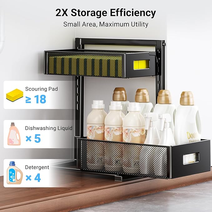 Under Sink Organizer, Metal Under Sink Organizers and Storage, Slide Out Pull Out Cabinet Organizer for Kitchen, Bathroom, Pantry, Laundry, Study, Black