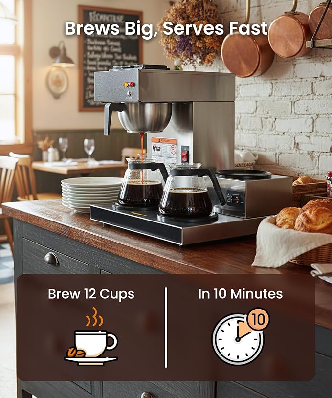 SYBO Commercial Coffee Maker 12 Cup, Pour Over Drip Coffee Maker Brewer with 3 Lower Warmers, Stainless Steel Cafetera