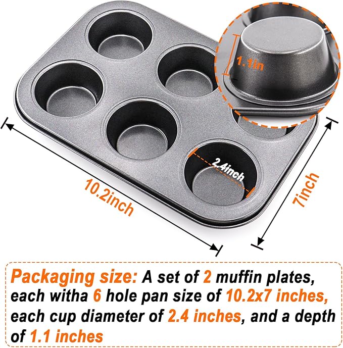 2 Packs Round Muffin Baking Pan, Premium Steel Muffin Pan for Baking, Cupcake Tin Cheesecake Pans, Bakeware Muffin Top Pan (6 Cups,Black)
