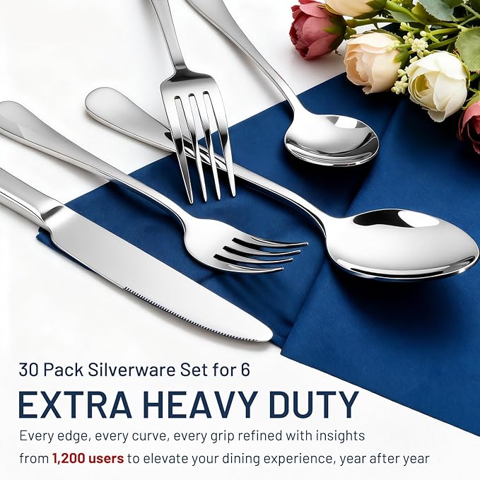 KIKCOIN 30 Pack Silverware Set for 6, Balanced Weight Stainless Steel Flatware Set, Mirror Polished Spoons And Forks Knife Set, Heavy Duty Cutlery Utensils Set for Home Kitchen Restaurant Wedding