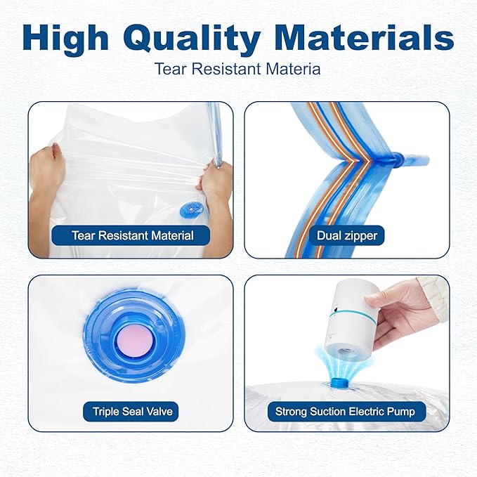 HOUSE DAY 10 Jumbo Vacuum Seal Bags For Clothing Travel, 80% Space Saving Travel Vacuum Bags with Electric Pump, Vacuum Storage Bags For Clothes, Comforters, Blankets, Moving, Reusable & Durable