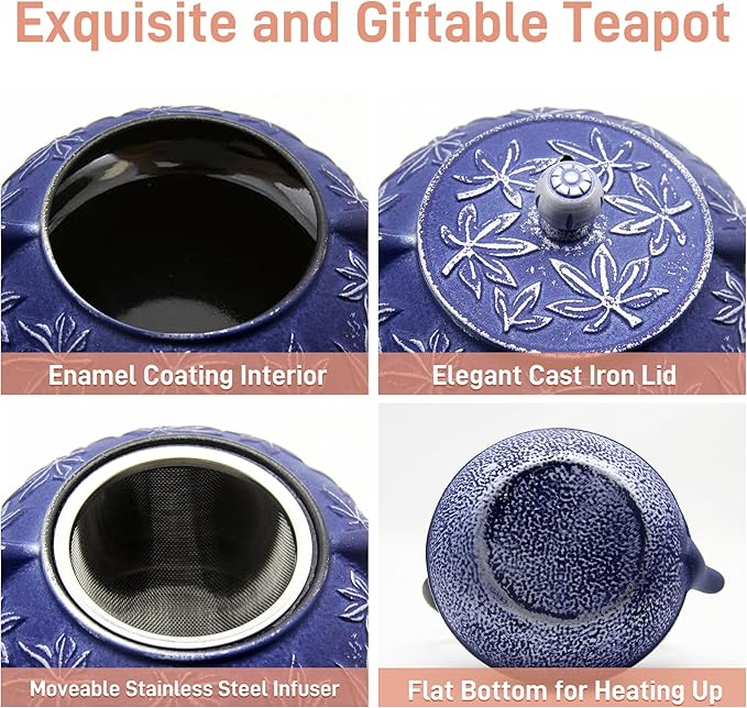 Cast Iron Teapot Tea Kettle with Stainless Steel Infuser for Stovetop Safe Coated with Enameled Interior Japanese Tetsubin with Maple Leaves Pattern(30.4oz/900ml) (Color-3)