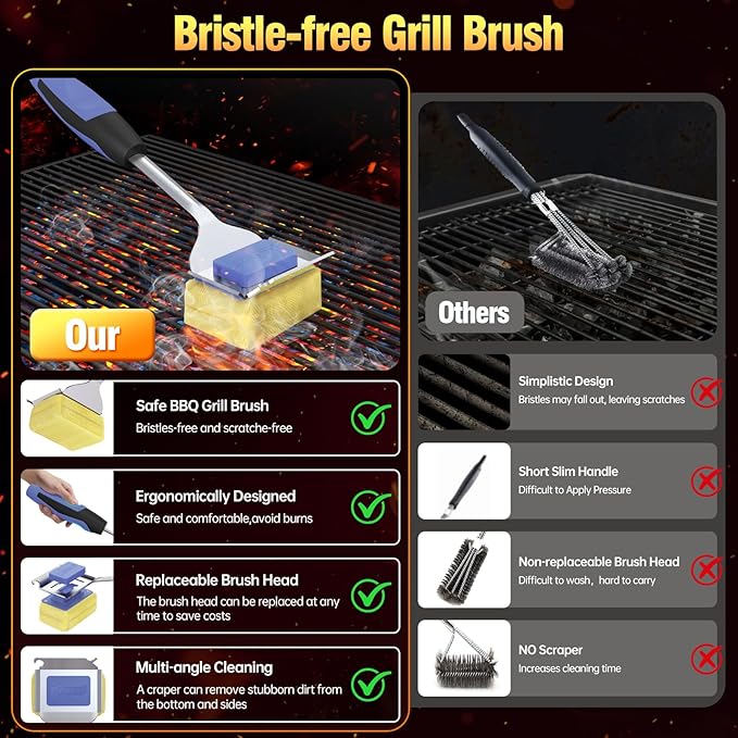 Grill Cleaning Brush Bristle Free for Outdoor Grill Brush Extended Handle for Cast Iron Stainless-Steel Grates, Replaceable BBQ Cleaner Brush Head, Steam Safe Grill Brush with Scraper, Purple