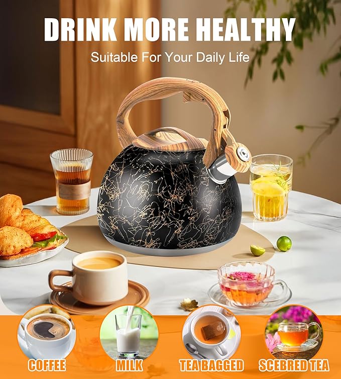 3.2Qt Whistling Tea Kettle for Stove Top, Food Grade Stainless Steel Wood Handle Teapot, Durable for Brewing Coffee, Tea, Milk, Suitable for All Heat Sources (Golden line)