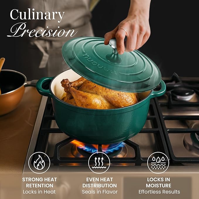 Nuovva Enamelled Cast Iron Dutch Oven Pot with Lid – 6.4 Quart Non Stick Casserole Pot – Heavy Duty & Oven Safe up to 500° F for Bread Baking, Braising, Stews, Roasting – 28cm Dark Green