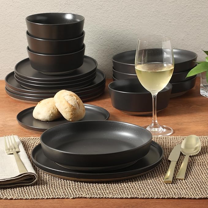 Gibson Elite Overbrook 16-Piece Pottery Clay Stoneware Dinnerware Set – Black Reactive Glaze, Stackable Plates and Bowls W/Pasta Bowl, Service for 4 – Microwave & Dishwasher Safe