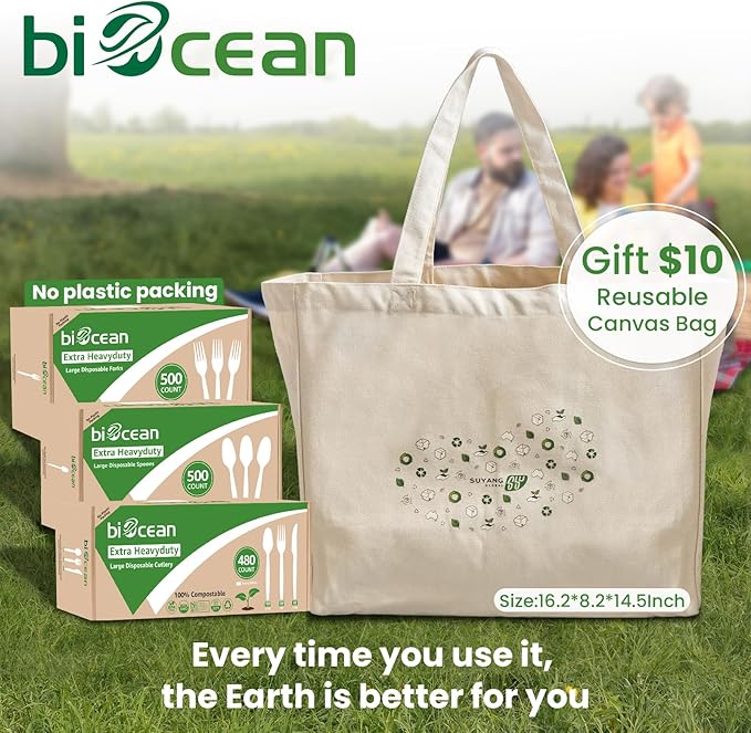 Extra Heavyduty Compostable Cutlery Set No Plastic Forks Spoons Knives Disposable Utensils Biodegradable Fork Eco Friendly Silverware Serving Flatware for Party,BBQ,Daily Use,Events,Picnic
