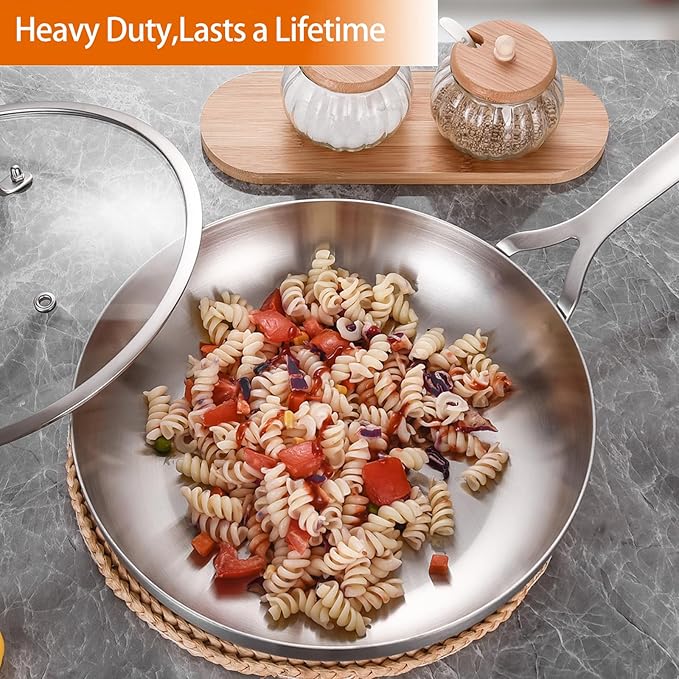 DELARLO Tri-ply Stainless Steel Frying Pan Set with Lid 10"12" large Skillets Induction Chef's Pan,Pots and Pans Set Kitchen Cookware Set Dishwasher and Oven Safe