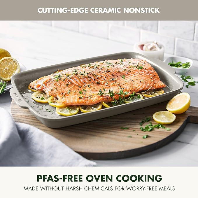 GreenPan Premiere Ovenware Healthy Ceramic Nonstick 13" x 9" Quarter Sheet Baking Pan, PFAS-Free, Warp-Free Bakeware, Durable Quick Heating, Oven & Broiler Safe to 600F, Dishwasher Safe, Taupe
