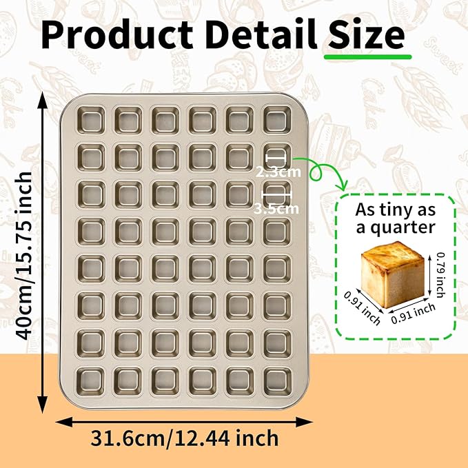 Beasea Square Mini Brownie Bite Pan, 2 Pack 48 Mini Small Tiny Cup All Edges Non Stick Square Cupcake Baking Sheet Tin Tray Carbon Steel Bakeware Individual Muffin Baking Pan - Gold