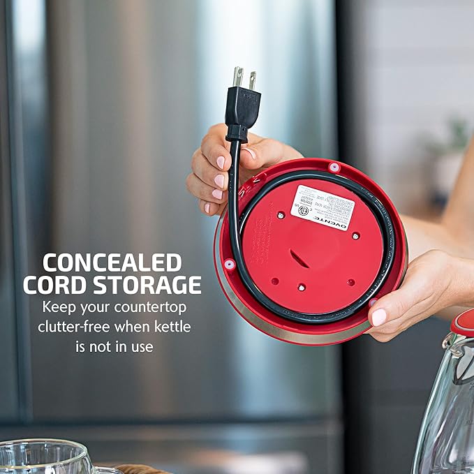 OVENTE Electric Kettle, 1.5L Borosilicate Glass Countertop Water Heater and Boiler for Coffee or Tea, BPA-Free, Auto Shut-Off, Boil-Dry Protection, Removable and Washable Spout Filter, Red KG83R