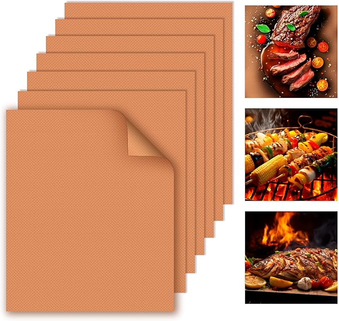 WIBIMEN Grill Mats for Outdoor Grill, Copper 7pcs Grill Mat, 100% Non-Stick PFOA Free 15.75 x 13, Heavy Duty, Reusable and Easy to Clean - Gas Charcoal & Electric BBQ