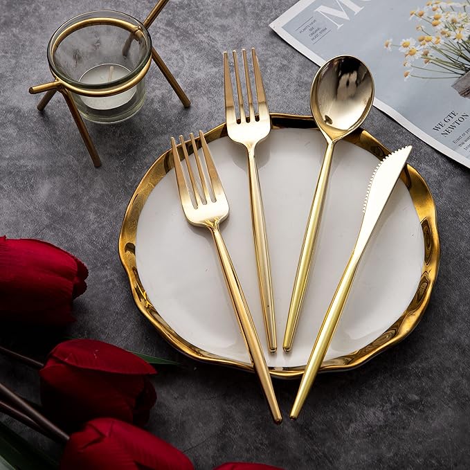 LIYH 102 Pcs Gold Plastic Silverware Disposable, Plastic Gold Utensils Heavyduty - Disposable Cutlery Includes Knives Forks and Spoons for Party, Birthday,Wedding Events